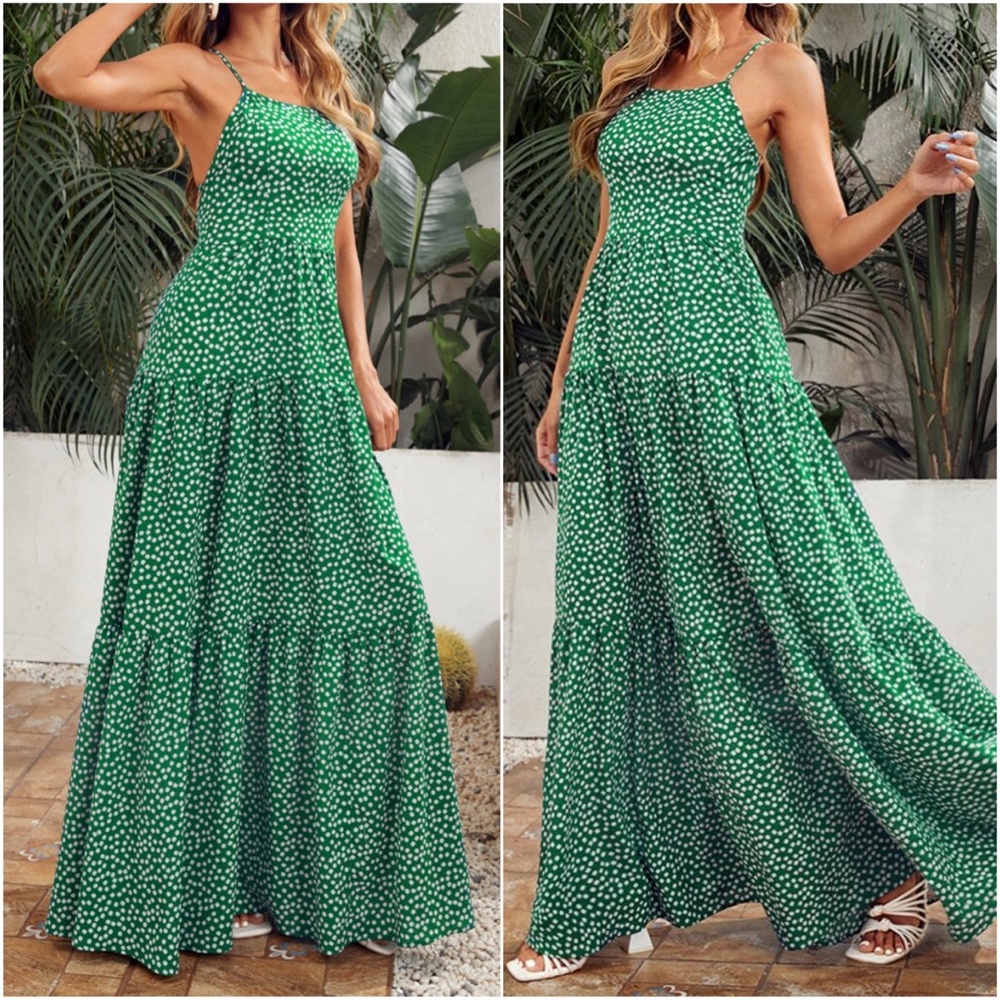 Bohemian Green Floral Print Lace up Back Cami Maxi Dress - Picture 3 of 3